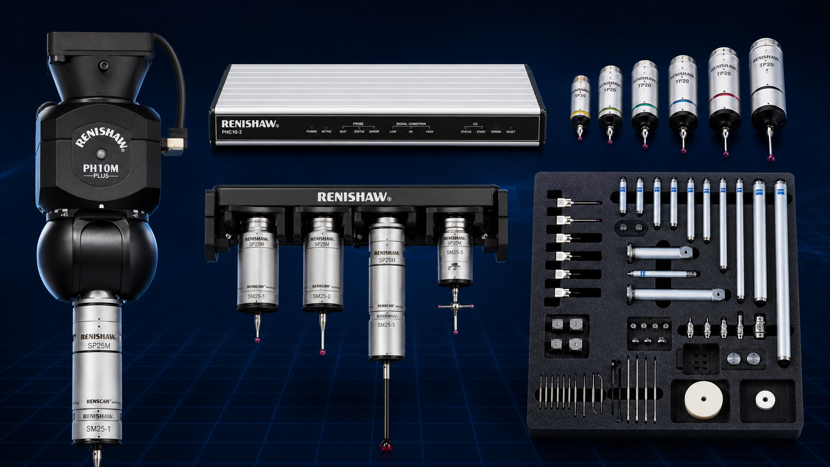 Renishaw probe heads, sensors and CMM stylus configurations