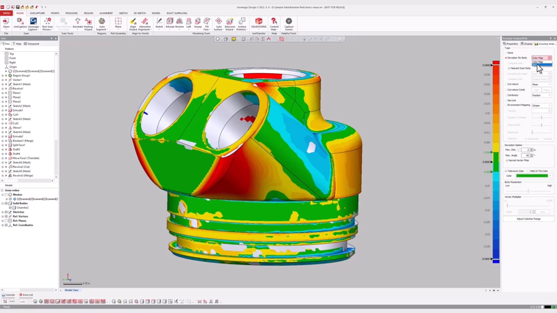 Geomagic Design X Accuracy Analyzer CAD 정확도 비교 화면